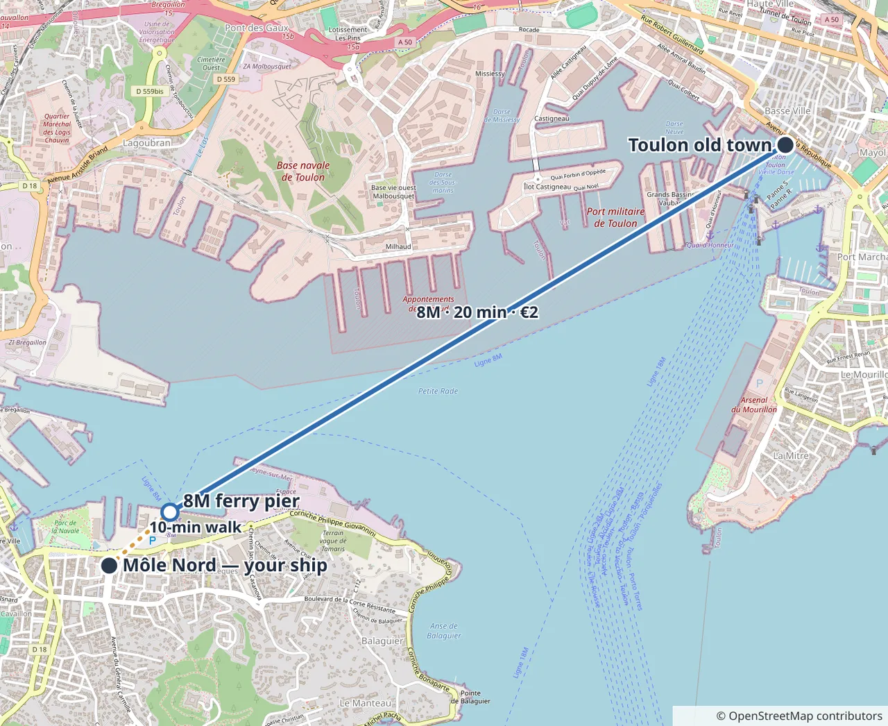 Map of the bay of Toulon: the walking route from the Môle Nord cruise berth in La Seyne-sur-Mer to the 8M ferry pier, then the 8M bateau-bus crossing to Toulon old town (Quai Cronstadt).